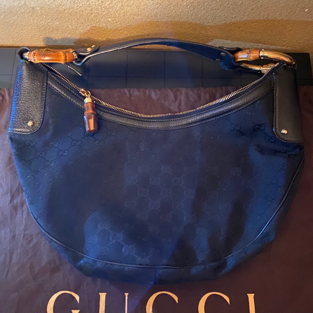 Gucci Monogram black crescent bamboo hobo …